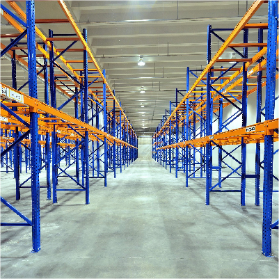 Picture of an empty warehouse with multi-tier shelf storage system painted in blue and yellow