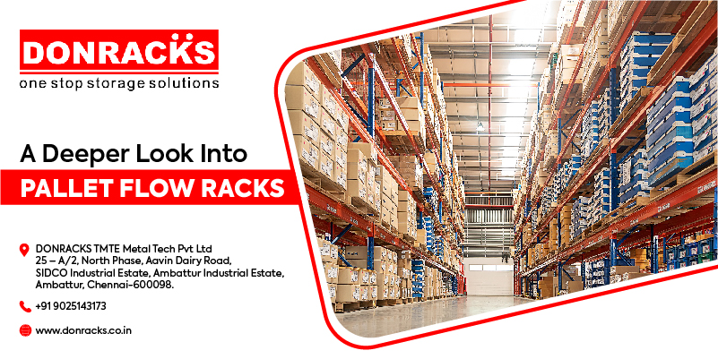 Pamphlet of Donracks storage solutions and its contact details with a picture of fully stacked pallet flow racks of a warehouse