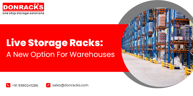 Poster of Donracks showing the fully loaded warehouse in blue color live storage racks