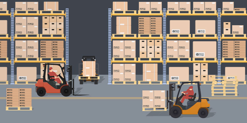 Warehouse scene with forklifts racks and boxes