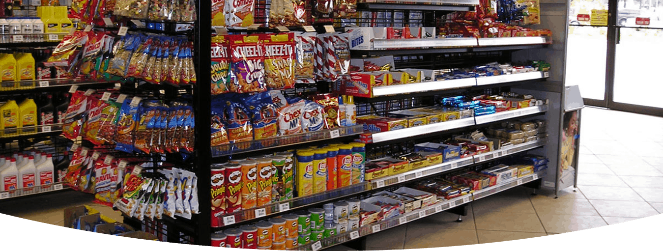 Products display in supermarket racks and shelves