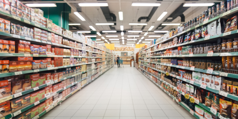 The image of a blurred supermarket aisle with colorful shelves illustrates the types of supermarket racks.